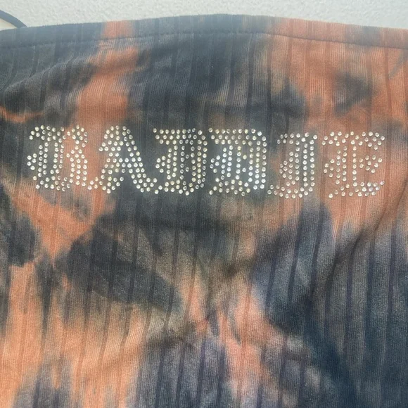3/$12 Rue21 crop top tie dye print ribbed cropped bling BADDIE on front L jrs - Picture 5 of 13